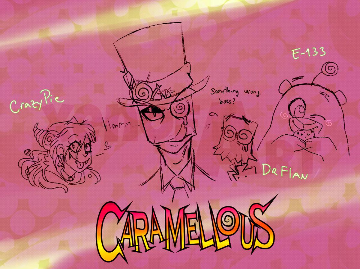 XenofaArt's tweet photo. Saludossss!! recuerdan mi #Villanous_AU? Pues ya está listo su carameloso titulo !
y también les traigo unos mini bocetos de los demás personajes, 
#Demencia=#CrazyPie
#DrFlug=#DrFlan
#505=#E133
pronto más detalles! 

#villainous #villanos #caramellous #xenofaart https://t.co/UCbQyBrAV9
