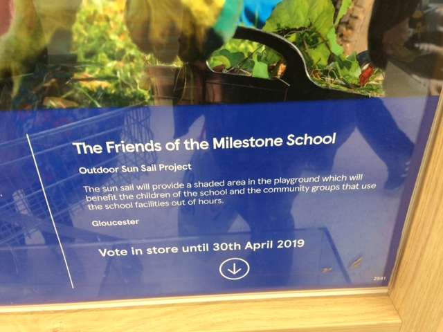TheMilestoneSch's tweet photo. It's the Easter Holiday - perfect time support @TheMilestoneSch and #votemilestone @Tesco to help #TheFriendsofTheMilestoneSchool #sunsailproject to win the £4000 top prize in the #BagsofHelp in store vote #its4thekids #summersunshade https://t.co/TOnFWqKUrj