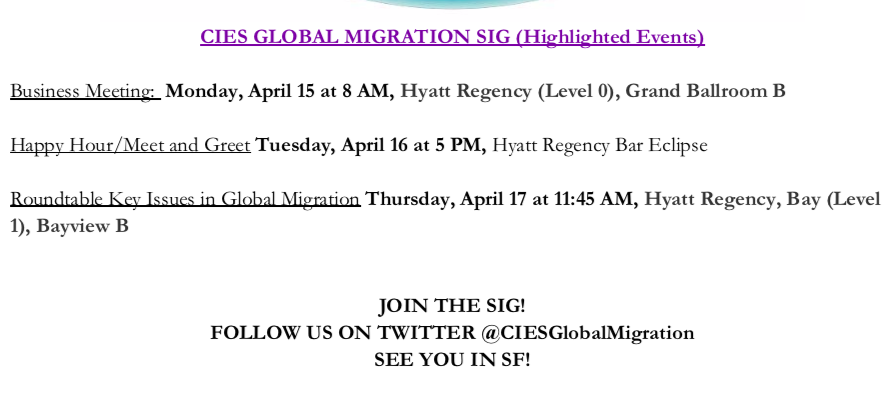 Really excited to launch, along with my amazing colleagues, the Global Migration SIG at <a href="/cies_us/">CIES</a> in San Fran in just a few short days!  Please join the SIG and mark your calendars for our highlighted events. Can't wait to get the conversation going and highlight amazing work!