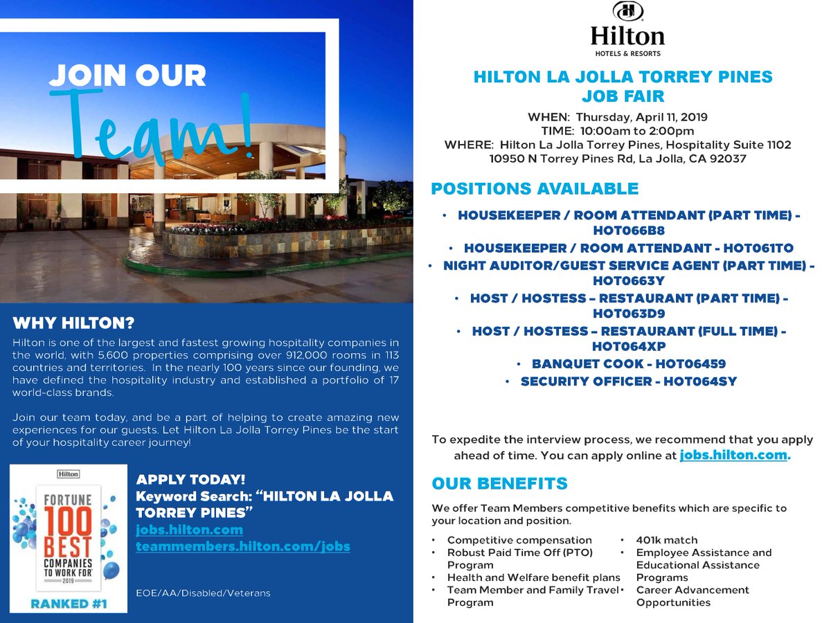 See you tmrw at our Hilton La Jolla Torrey Pines #jobfair from 10am to 2pm! We're hiring! #HIlton #Career #HiringNow