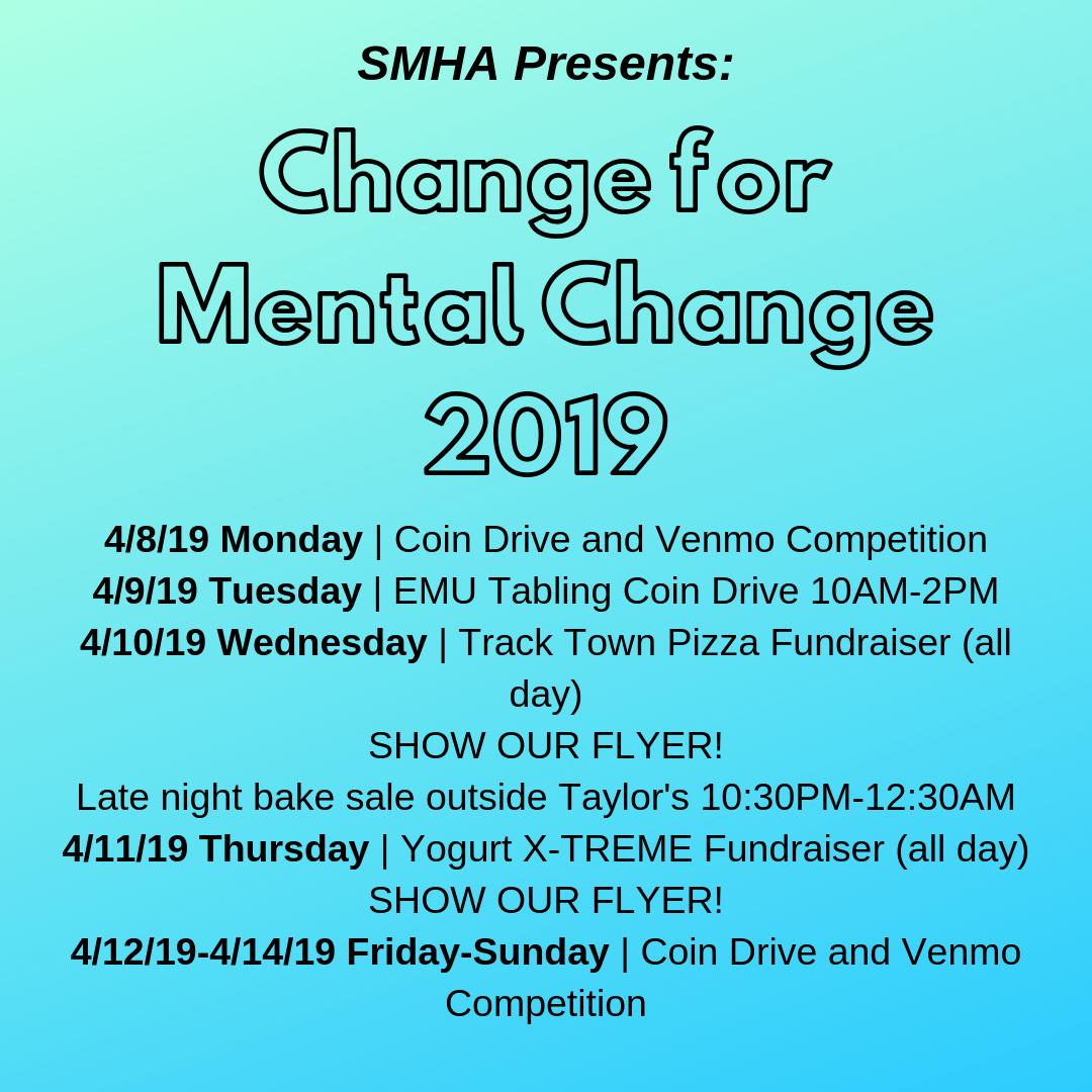 UOSMHA's tweet photo. Change for Mental Change is back! The coin drive starts tonight, &amp; we will have tons of other great events the rest of the week! The fundraiser helps SMHA in association with NAMI. Please come &amp; help support us so we can continue to help end the stigma surrounding mental health! https://t.co/6n1i73Cbl1