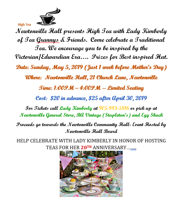#high tea Sun May 5 #newtonville town hall #clarington @WhatUpClaringtn  <a href="/ClaringtonON/">Municipality of Clarington</a>  <a href="/clartourism/">Discover Clarington</a>