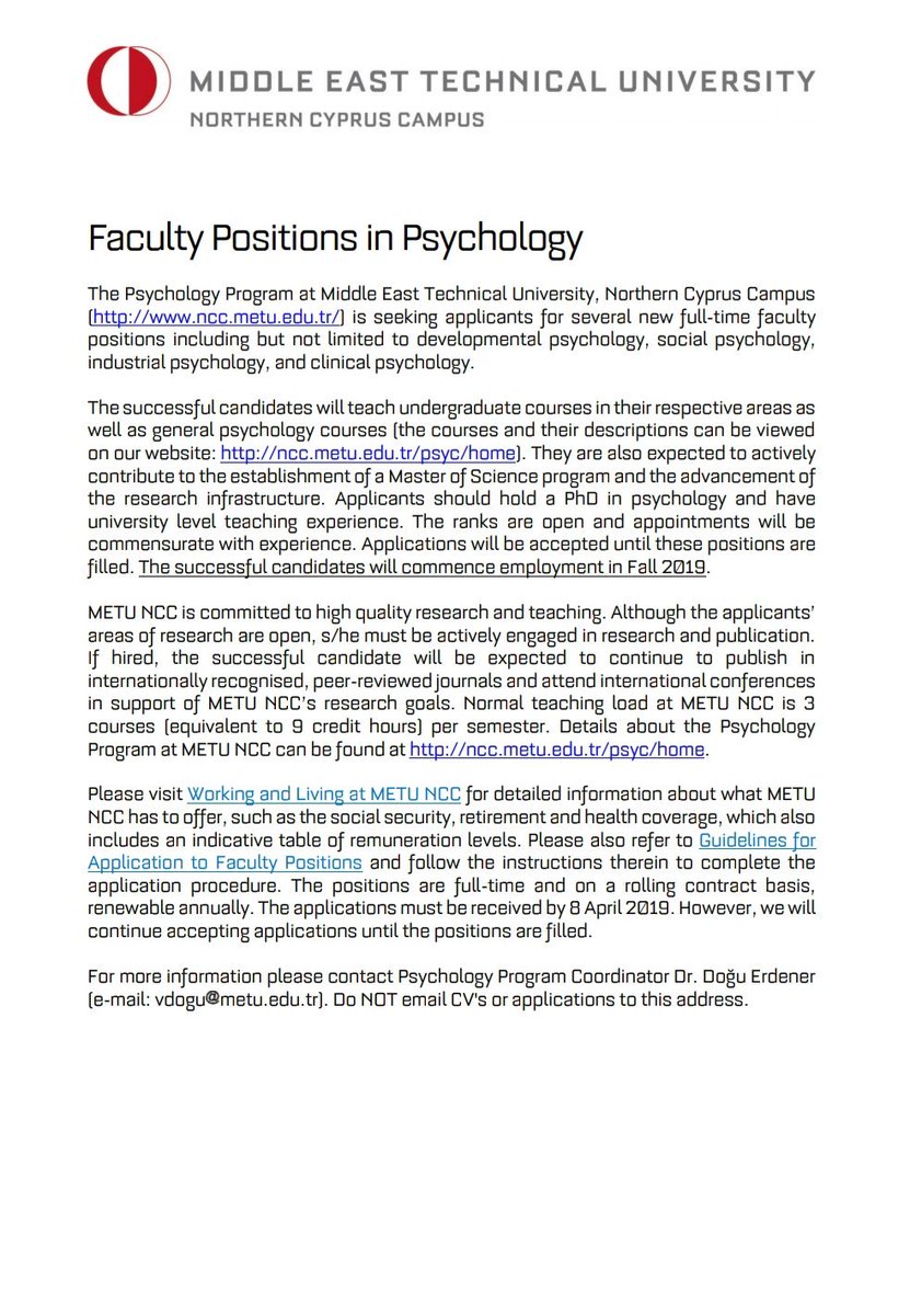 METU Cyprus Psychology seeks faculty members from all areas of psychology. Applications accepted until positions are filled. #psychologyjobs #facultyjobs
#metu #odtü #Cyprus Visit app.ncc.metu.edu.tr/acadpos/academ…