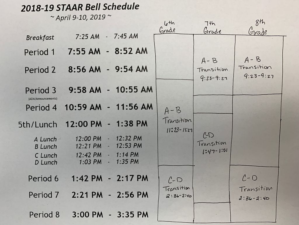 PampaJH's tweet photo. Bell Schedule for the next two testing days. As a reminder, the campus will be closed to all visitors and deliveries. https://t.co/QSFMaQ6BI2