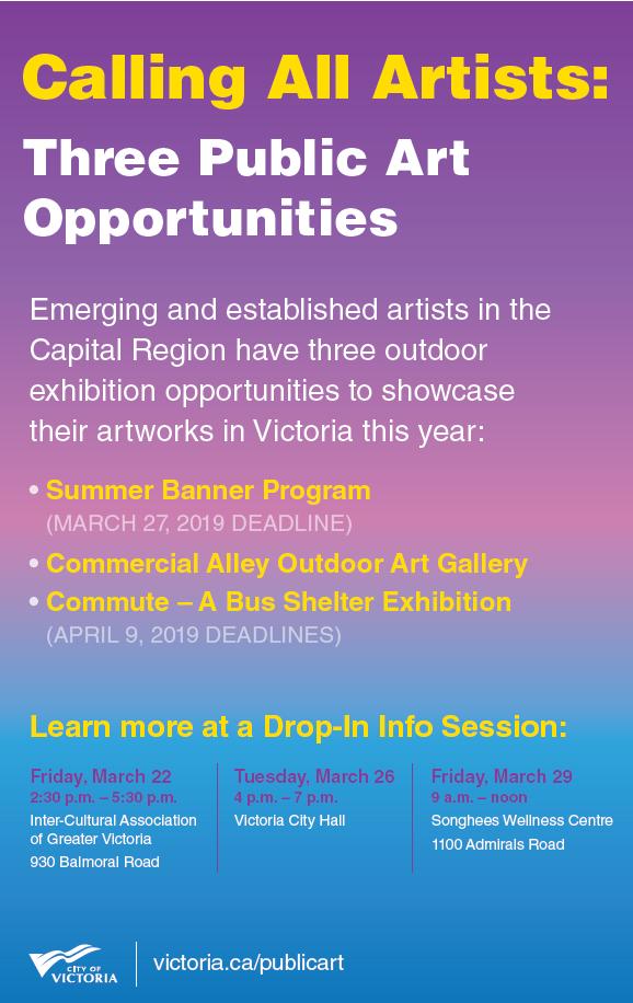REMINDER: Two Calls to Artists for #PublicArt close TUES APRIL 9 at 4PM for Commute Bus Shelter Exhibition &amp; Commercial Alley Outdoor Art Gallery #yyj #IndigenousArt #yyjart #yyjartists bit.ly/2UNUp0Z