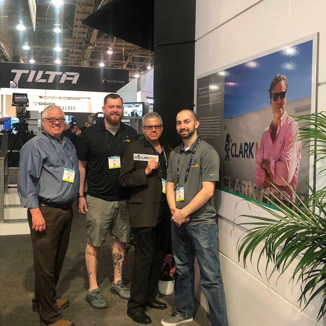 Clark4K's tweet photo. Our four trusty Clark staffers who are diligently filing daily field reports on the best gear in show. Clark Media is always on the lookout for the latest, greatest cutting edge technology to be added to our own growing inventory. #clarkmedia #fujinonlenses #nab2019 #clark4k https://t.co/MRqp7rUVRt