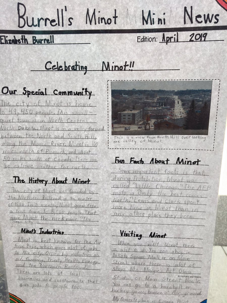 kb_linn's tweet photo. Magical Minot News - newspaper authentic writing about community written and designed by Burns’ 3rd graders at North Plains #whynotminot #mpsCore #ndliteracy https://t.co/rMZQRb0z0o
