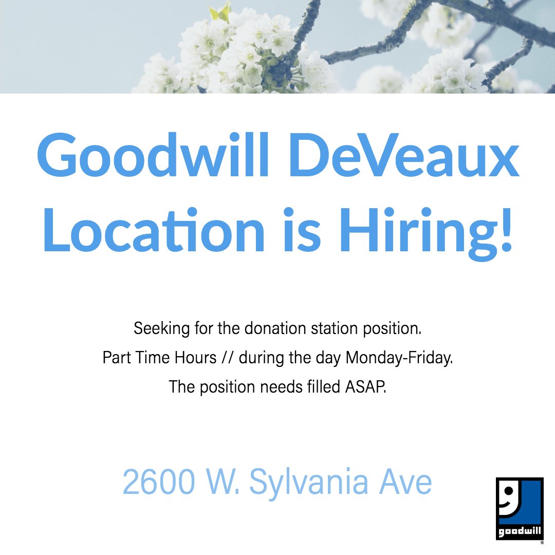 JccNwo's tweet image. DeVeaux is hiring! Seeking position for the Donation Station - part time.

Swing by our Job Connection Center to make a resume / fill out an application. Our hours are Mon - Fri 8:30am to 4:30pm

#toledojobs #goodwillnow #lucascounty #jobs #toledooh