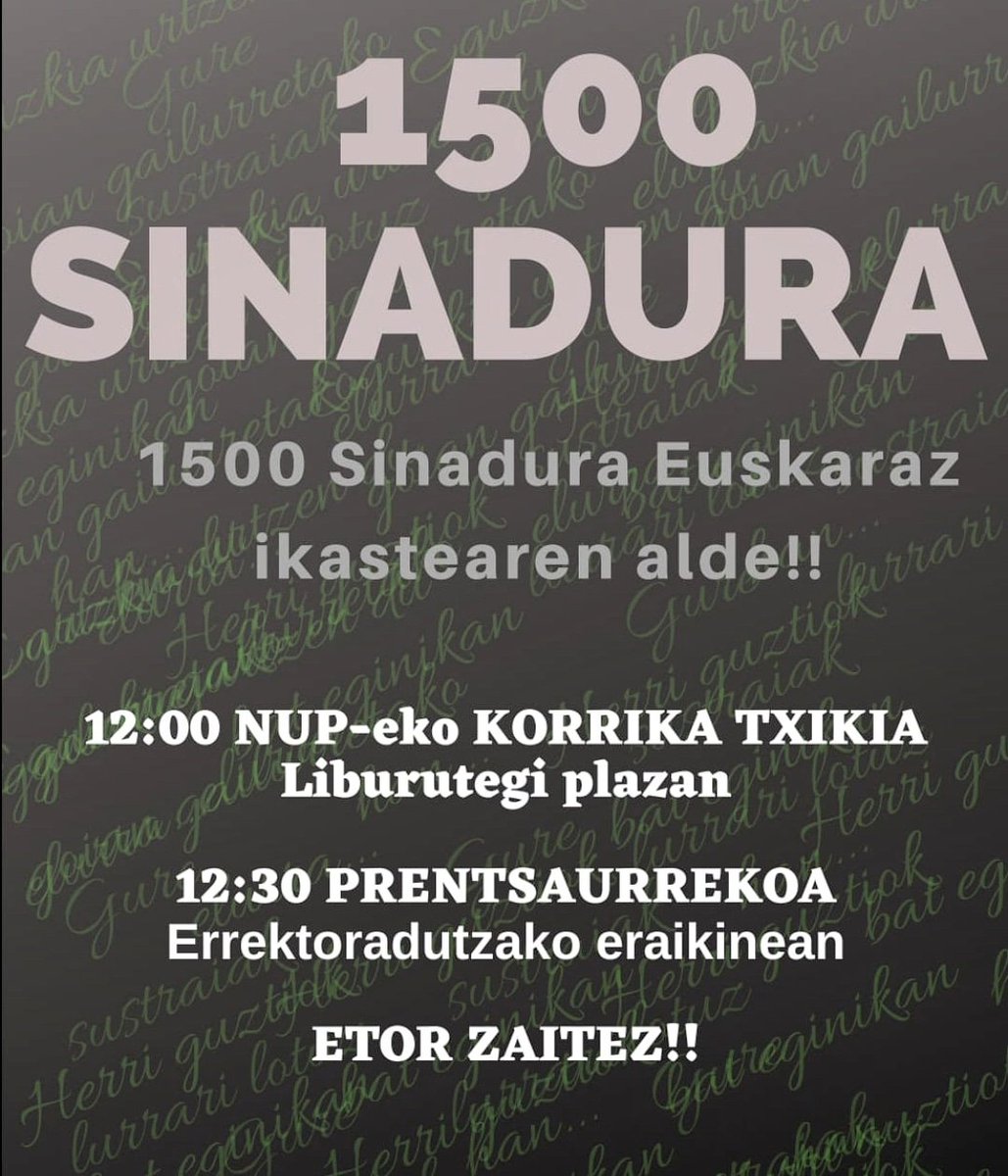 Badator korrika eguna! 📣

Ortzegunean, apirilak 11, animatu gure ekintzetara!
- 12:00 Korrika txikia liburutegi plazatik hasita
- 12:30 Prentsaurrekoa errektoradutzaren aurrean sinadura bilketan lortutakoari buruz 

Bertso afariari dagokionez, laster berri gehiago emanen ditugu