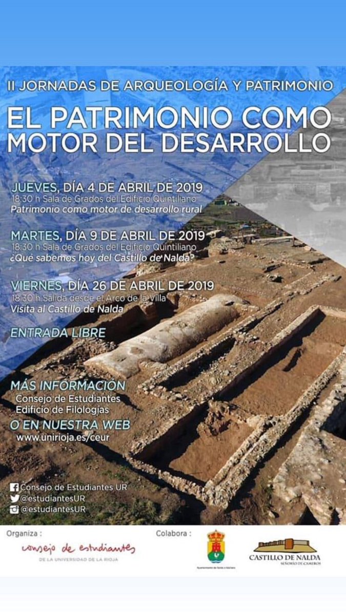 estudiantesUR's tweet photo. Mañana comenzamos a las 18:30 en la Sala de Grados del Edificio Quintiliano de @unirioja las II Jornadas de arqueología y patrimonio del Castillo de Nalda.
Os esperamos!! https://t.co/dQEQlx8gwv