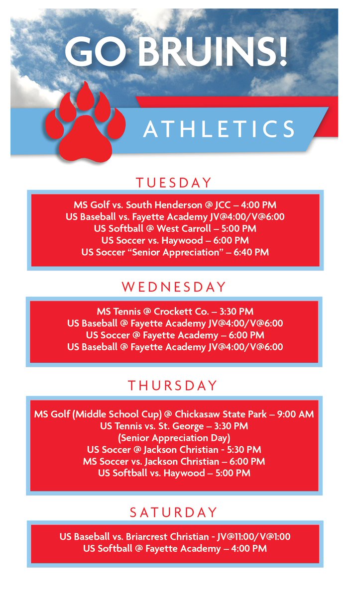 usjbruins's tweet photo. We've had a few changes to the schedule due to the weather today. All games except MS Soccer have been moved to a later date. Middle School Soccer will play today at 5pm @ St. Mary's. Go Bruins! https://t.co/hjJVyUS1tw