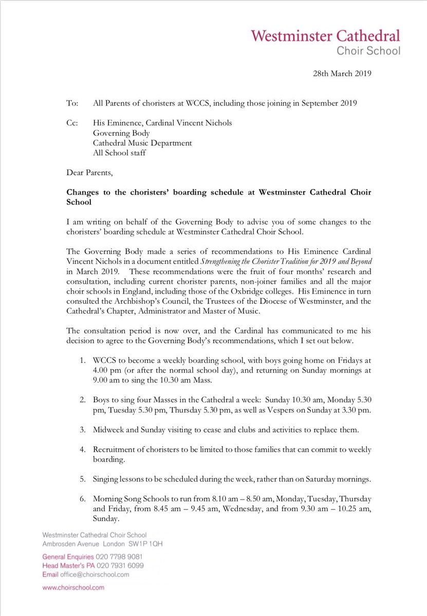holysmoke's tweet image. 1. Westminster Cathedral Choir School is making drastic changes, ending weekend boarding and reducing the number of services at which boys will sing. See below. Sounds sensible but there’s another side to the story...