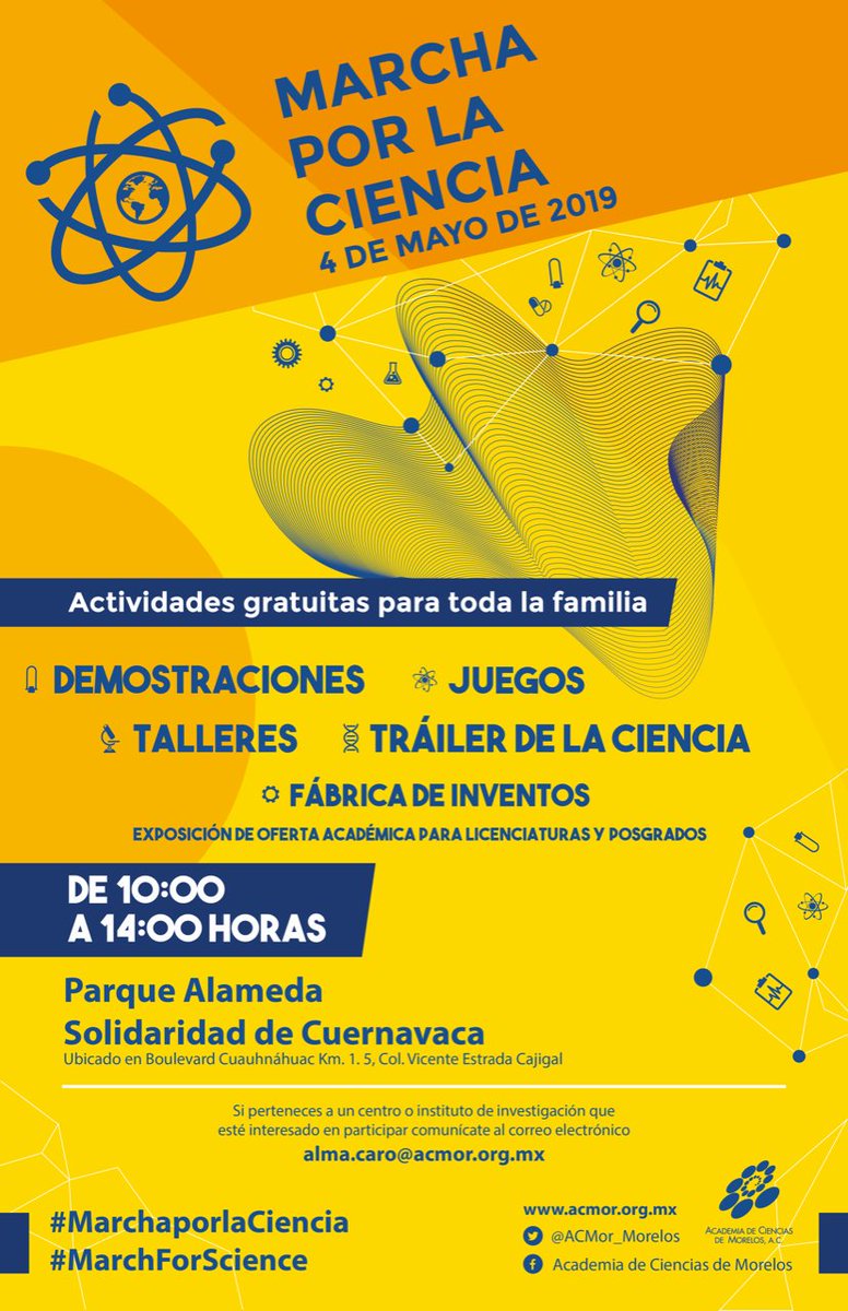 Acompáñanos este sábado 4 de mayo en el Parque Alameda Solidaridad en Cuernavaca en la #MarchaporlaCiencia. Asiste con tu familia y disfruta de actividades gratuitas como talleres, demostraciones, el Tráiler de la Ciencia y Fábrica de Inventos