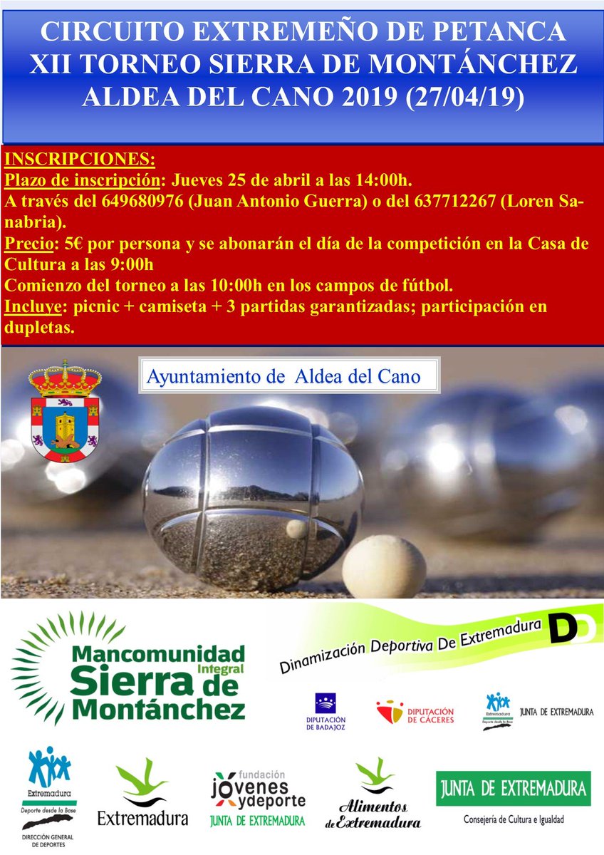 MancoMontanchez's tweet photo. NUEVA FECHA DE CELEBRACIÓN DEL XII TORNEO DE PETANCA "SIERRA DE MONTÁNCHEZ" EN ALDEA DEL CANO

El torneo se celebrará el próximo día 27 de abril de 2019. https://t.co/RhV3mqwpWy