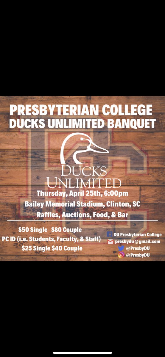 The Leadership Team for the Blue Hose Ducks Unlimited Chapter would like to invite you all to attend our First Annual Spring Banquet that will be held Thursday, April. 25th, 6:00pm at Bailey Memorial Stadium in Clinton, South Carolina. Tickets are on sale now.