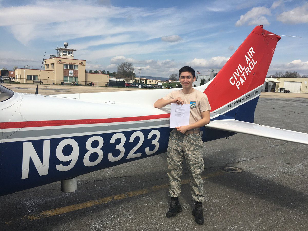 CivilAirPatrol's tweet photo. At 10: 37 this a.m. Cadet Lt. Col. Jordan Regalado of the @MDWGCAP became the second CAP cadet to obtain his private pilot’s certificate through the CAP Wings program. Regalado soloed at Frederick Municipal Airport. #pilotshortage #CAPwings https://t.co/kTKPjaZ6oX