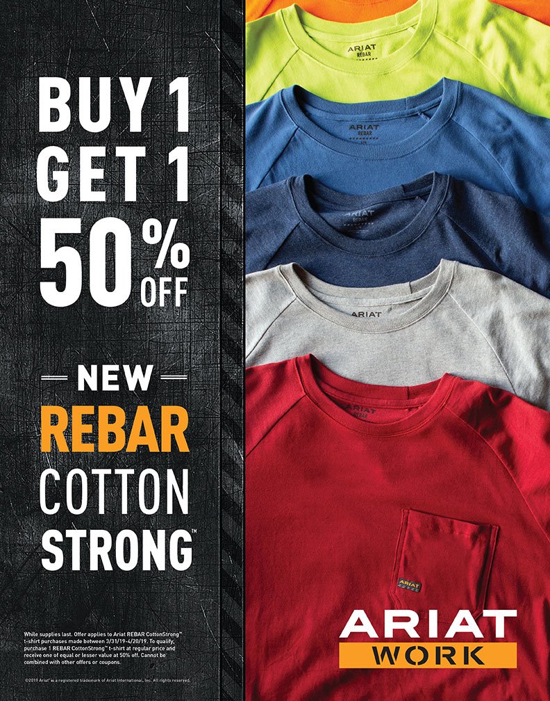 You won't want to miss this!🤩 Ariat cotton stong t-shirts are BUY ONE GET ONE 50% OFF!! This offer is only 2 weeks long so come grab your shirts before this awesome deal ends!😎 #ThinkRanchAndHome #RanchAndHome #Ariat #AwesomeDeals