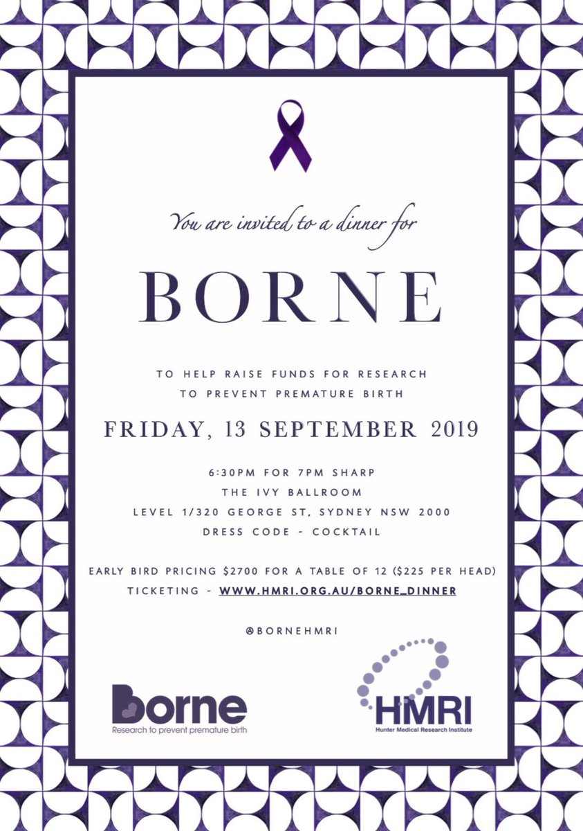 Honoured to again be involved in the Borne Foundation dinner to help raise funds for research to prevent premature birth. Friday September 13. Would love to see you there. <a href="/BorneHmri/">Borne HMRI</a> <a href="/DeanMumm/">Dean Mumm</a>