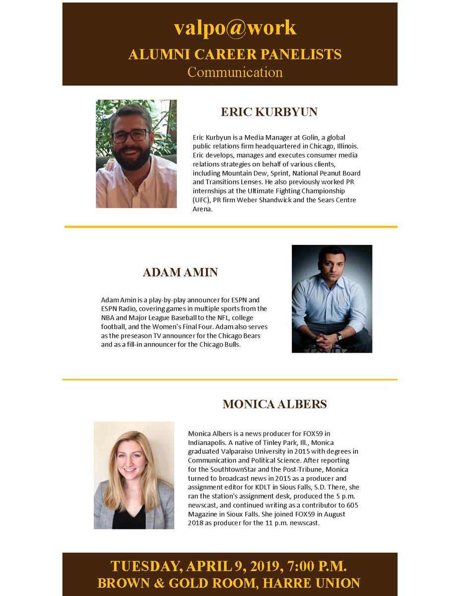 ValpoCVA's tweet photo. Don't forget- tomorrow is the Valpo @ Work Communication Panel! Get the chance to meet our three industry professionals and ask them any questions you have!

#valpocareers #valpodeptofcomm https://t.co/fOpDC2WVmX