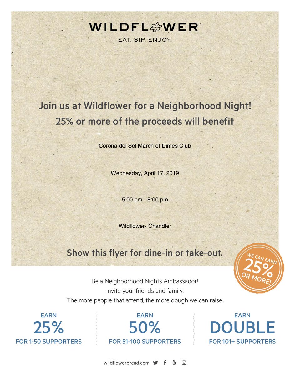 CdsMarchofDimes's tweet photo. The March of Dimes Club "Kneads" your help next Wednesday at Wildflower Restaurant at the Chandler Mall.  Mark your calendar now for April 17th from 5-8pm. Come and help us save babies! https://t.co/fPbH72viEi