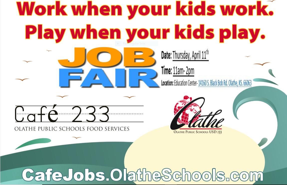 OlatheSchoolsHR's tweet photo. Work when your kids work. Play when your kids play! Sound good? Come interview with our team!  We will be holding a job fair this Thursday from 11 am-2 pm at the Education Center for our food service positions! Bring your resume and come meet us! https://t.co/2IbYcbIVJf