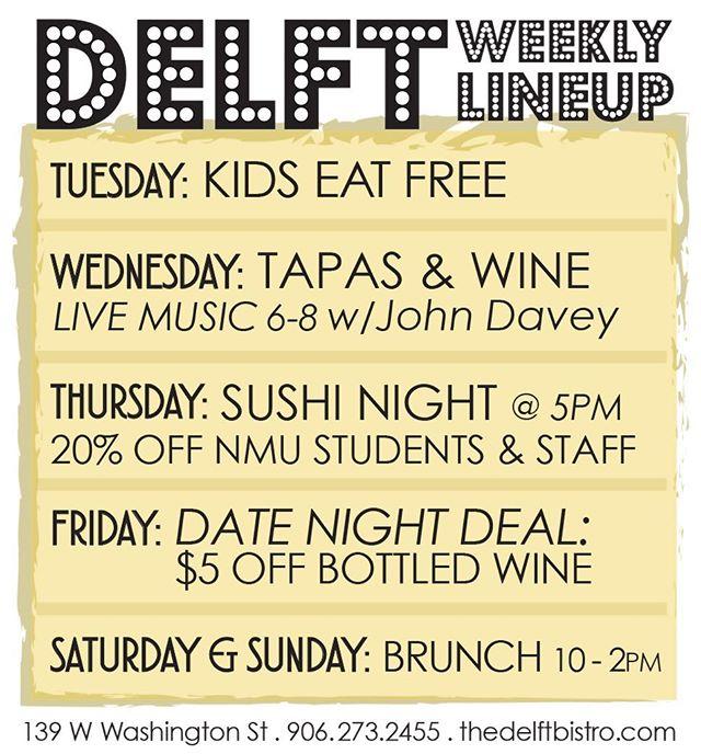TheDelftBistro's tweet photo. We have great things happening all week!
.
.
.
#kidseatfree #localmusicscene #marquettemusicscene #wineandtapas #drinklocal #livemusic #sushi #sakeittome #nmu #wildcats #wildcatdiscounts #thoughtfulwines #datenight #datenightdeal #brunch #brunchin #brunchinit #thedelftbistr… https://t.co/Ckyn5z5Ffa