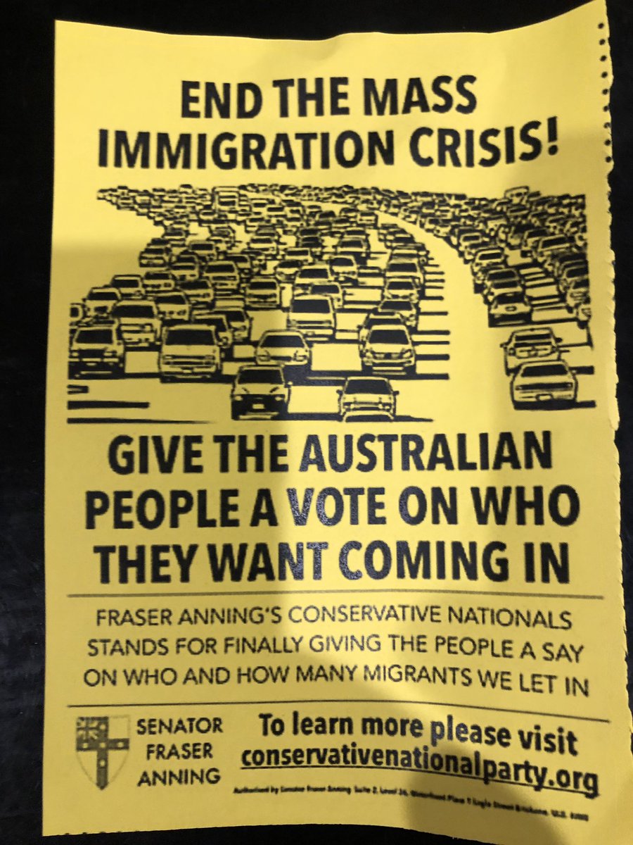 mdleslie56's tweet photo. Received this garbage from Senator Anning. Immigrants arriving by cars driving on the wrong side of the road? Seriously, as ‘Patriots’ I thought they would be across the whole ‘girt by sea’ concept. Election can’t come soon enough #AusVotes2019 https://t.co/yLJQmHhDev