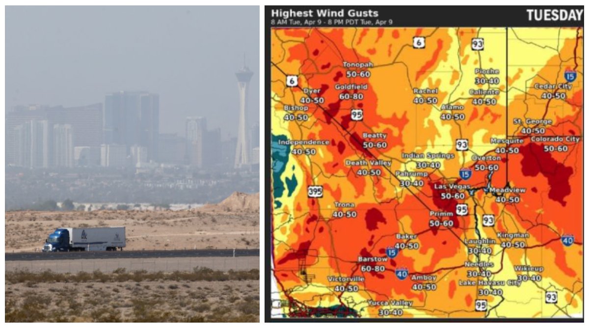 ClarkCountyNV's tweet image. It's going to be a very windy Tuesday. The @NWSVegas has just issued a High Wind Warning for 9am until 8pm. Winds 35 to 50 mph expected with gusts of 60 mph. @CCAirQuality has also issued an #AirQuality #DustAdvisory because of expected elevated dust levels. #Vegas #VegasWeather
