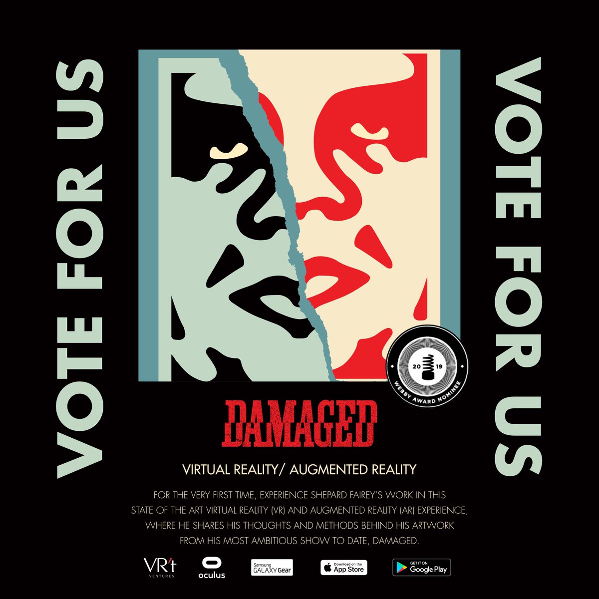 OBEYGIANT's tweet photo. My #DamagedApp with @vrtmuseums is nominated for a Webby Award under the Art & Experimental category! The app is FREE to download through the end of the month. Check it out & vote for it through @TheWebbyAwards if you dig it! - S
VOTE HERE BY 4/18: https://t.co/wiL36XshZu https://t.co/aaAMXo2skJ