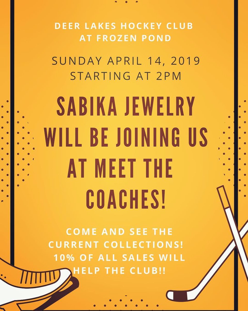 DeerLakesHockey's tweet photo. Our annual meet the coaches and special Sabika Fundraiser this Sunday at @frozenpondarena Parents can shop while the kids try out Deer Lakes Hockey. Mother’s Day coming up! #shopandskate #HockeyMomsLoveSabika #shop4acause https://t.co/jbCK2yC8tm