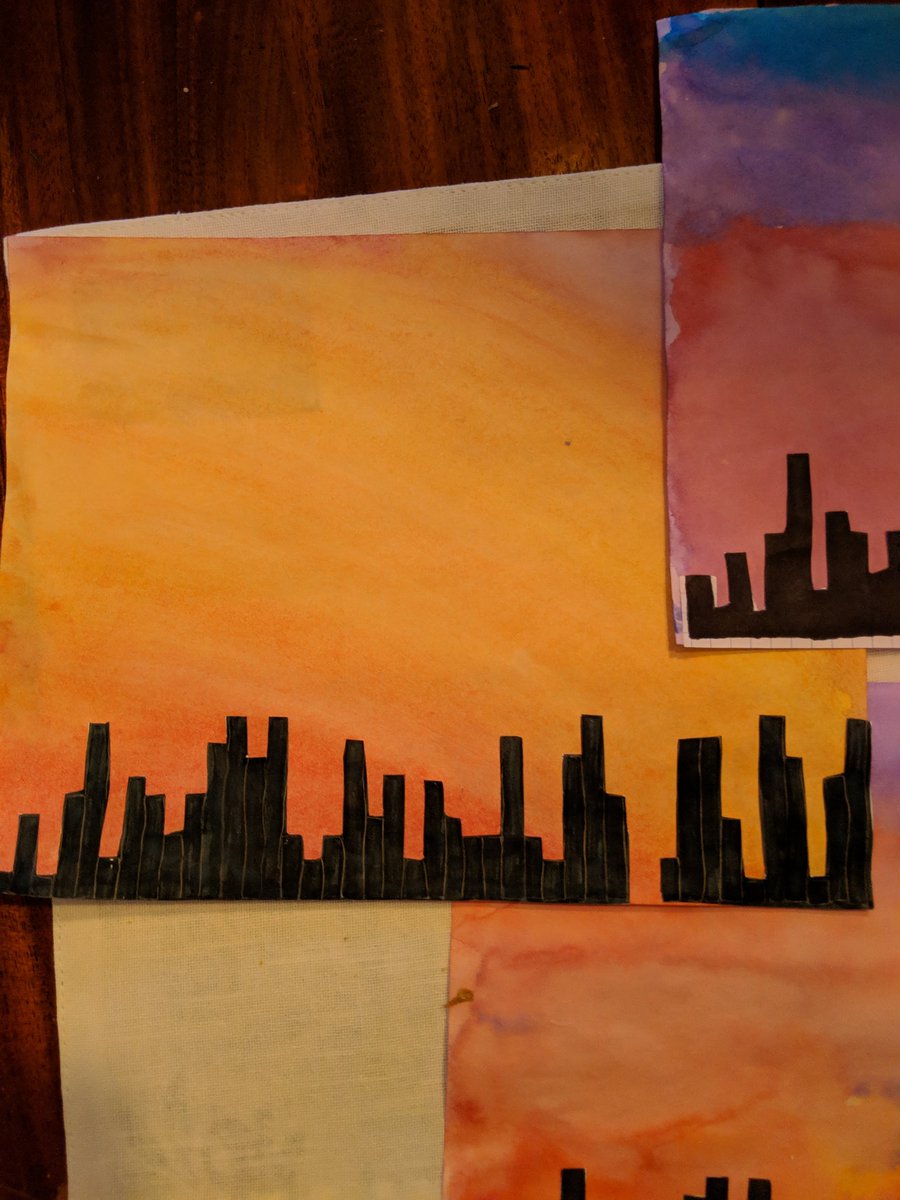 The kids created "Sunset City 'Pi'-lines" to relax after all their hard work today!  Made a bar graph with the 1st 42 numbers in Pi, and painted a water color sunset! @cms_grizzlies