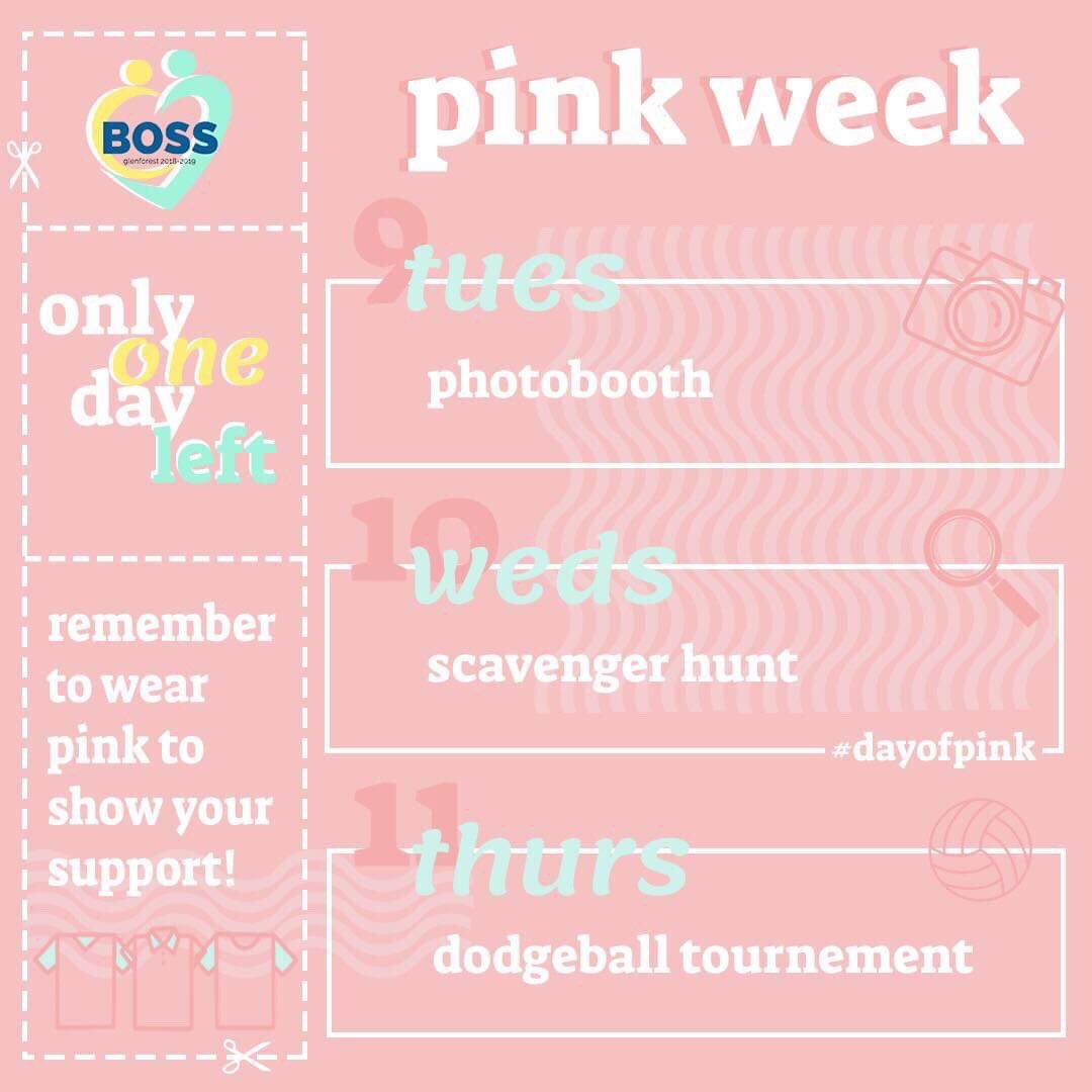 BOSSGlenforest's tweet photo. GET HYPED because there is only ONE DAY LEFT! We begin tomorrow with a photobooth in the cafeteria and a note mural in the front foyer. On Wednesday (Day of Pink!) we will be hosting a scavenger hunt for a chance to win prizes! And lastly we will be hosting a dodgeball event! https://t.co/raOX9jJGL1
