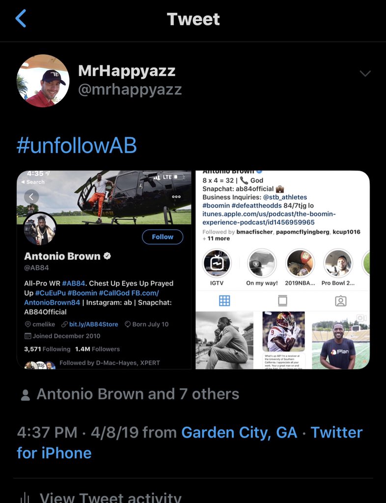 mrhappyazz's tweet photo. @weddlesbeard @jreid_viii Time to humble @ab84...post a screenshot of #AB profile page not being followed with #unfollowAB https://t.co/O0tNsFvg1N