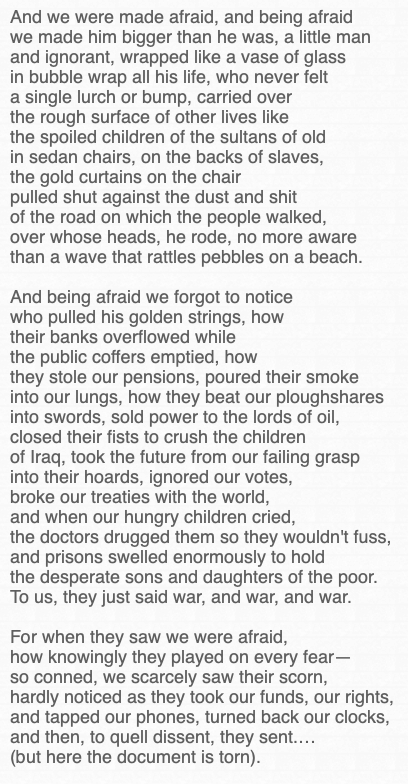 Eleanor Wilner wrote this poem over ten years ago. It was true about Bush. It is even more true about our current monster.

FOUND IN A FREE LIBRARY: