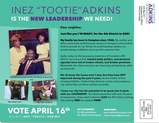 #District4 deserves new leadership! #Vote #Adkins4Compton on April 16, 2019.