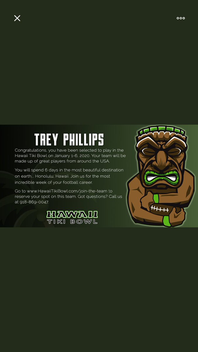 TreyPhillips58's tweet photo. Excited and honored to have been invited to the @HawaiiTikiBowl https://t.co/ycwzyZ74Z4