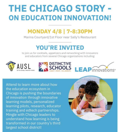 susanranliu's tweet photo. Come join us soon to hear about ed innovation in #Chicago at an evening reception hosted by @leapinchicago @AUSLChicago @Distinctive_Edu! Mingle with some of our awesome educators and friends and enjoy the gorgeous weather tonight at #ASUGSV19 :) https://t.co/XBmaqtiXGI