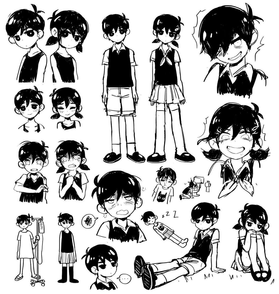 concept work. we really pushed for the option of omori with pigtails, but had to scrap it as it meant we had to redraw all our hand-drawn work. (2014) 