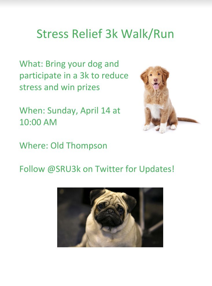 Feeling stressed out? Come this Sunday for a little stress-relief 3K! AND if you have a furry friend, bring them! There will be prizes (both human and furry friend) and some time to hang out! Here’s the link to register: docs.google.com/forms/d/132997…