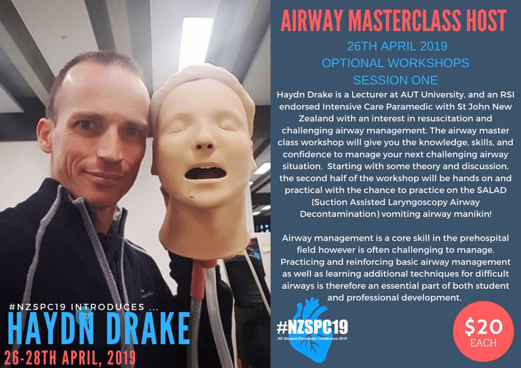 Introducing the wonderfully skilled Haydn Drake. He will be taking the Airway Masterclass workshop. Tickets are selling fast so get in quick. AND our suturing workshop is now sold out. 😱
#NZSPC19 #AUTpara #AUTUNI