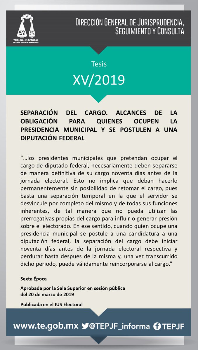 TEPJF_informa's tweet photo. 📖 #Tesis XV/2019 
Separación del cargo. Alcances de la obligación para quienes ocupen la presidencia municipal y se postulen a una diputación federal.
https://t.co/fR7bugnbuG https://t.co/w4HxvNV6t5