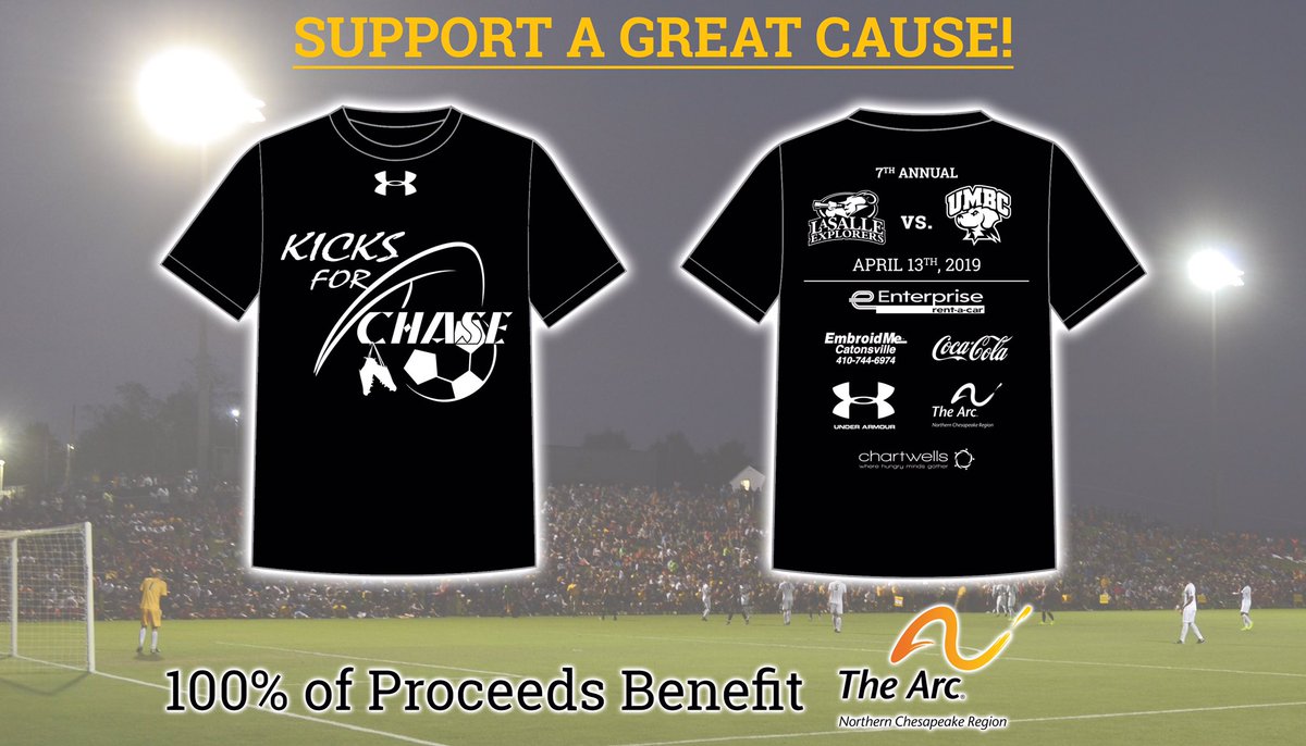 UMBCMensSoccer's tweet photo. We’ll be selling commemorative “Kicks For Chase” Under Armour T’s for just $15 at the Commons Breezeway Tues/Wed/Thurs from 12-2.  100% of sales goes toward Down Syndrome Awareness through @TheArcNCR #KicksForChase #GreatCause https://t.co/YxDI60Ioam