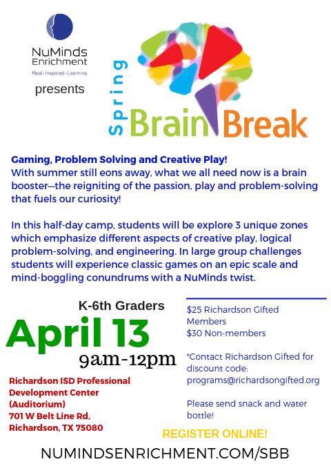 RGgifted's tweet photo. Register ASAP for Spring Brain Break enrichment this Saturday!! By @Nu_Minds https://t.co/4B0fL8LGlm