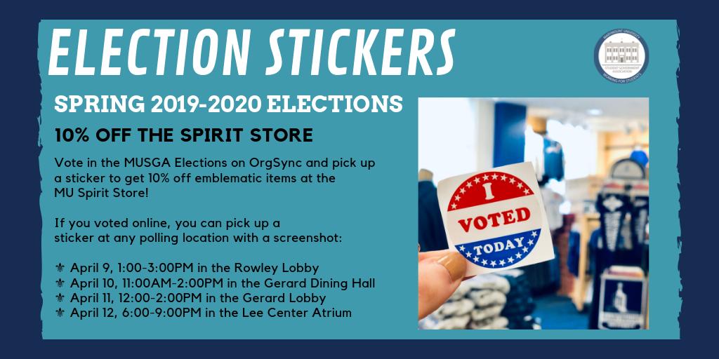 🗳 Have you picked up your election sticker? Tag us on Twitter or Instagram and we’ll feature you wearing your ‘I Voted’ sticker! Remember, your sticker will get you 10% off at the MU Spirit Store—more details below ⤵️
