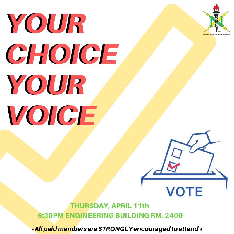 nsbemsu's tweet photo. 🚨ATTENTION ALL PAID MEMBERS🚨 

April 11th at 6:30pm candidates for the 2019-20 Eboard will be presenting on why they should be on next year’s executive board! We STRONGLY encourage every paid member to attend and be vocal about what changes you would like to see within NSBE! 💚 https://t.co/VcEBfIDyWW