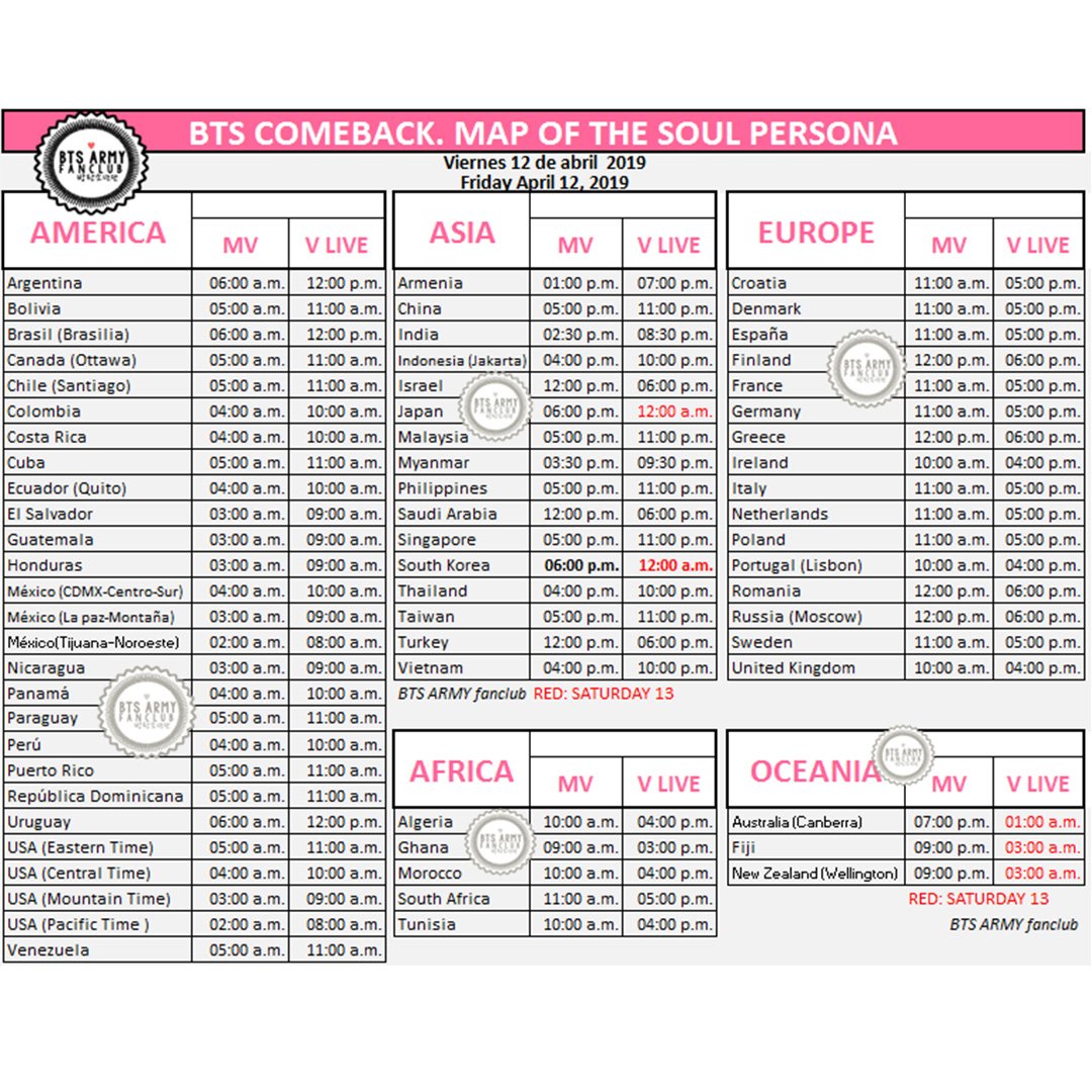 BTSARMYFANCLUB's tweet photo. 19.04.12 Schedule (time)- Horario (Hora)  

#BTS COMEBACK 🗺️ #MAP_OF_THE_SOUL_PERSONA 🚹

MV 👉https://t.co/oau4QOdZPg
BTS 꿀FM 06.13 Comeback Special (V LIVE) 👉https://t.co/nR7Y2EURxU

#ARMY @BTS_twt https://t.co/zbA1Mloibc