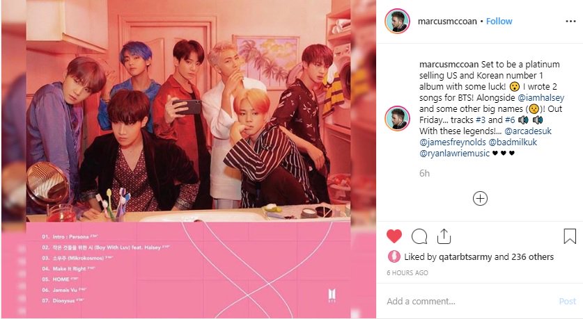 QATARBTSARMY's tweet photo. [Instagram Update] 
marcusmccoan: "I wrote 2 songs for BTS! Alongside Halsey and some other big names (🤫)!"  
(https://t.co/VoMUq6ZP31)

ryanlawriemusic: "beginning of my career and I just had to start it with THE BIGGEST BOYBAND ON THE PLANET!!!"  🥺
(https://t.co/oT72z91wZz) https://t.co/9pWjaJ2yK8