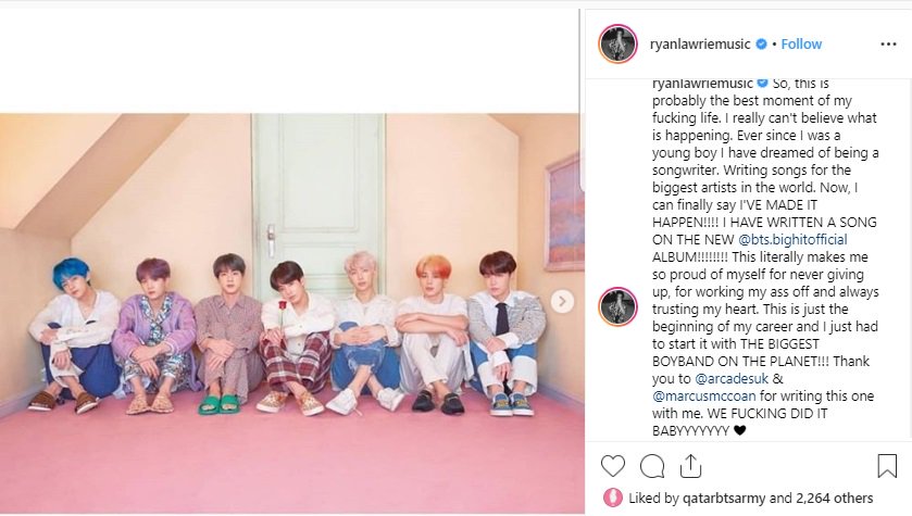 QATARBTSARMY's tweet photo. [Instagram Update] 
marcusmccoan: "I wrote 2 songs for BTS! Alongside Halsey and some other big names (🤫)!"  
(https://t.co/VoMUq6ZP31)

ryanlawriemusic: "beginning of my career and I just had to start it with THE BIGGEST BOYBAND ON THE PLANET!!!"  🥺
(https://t.co/oT72z91wZz) https://t.co/9pWjaJ2yK8
