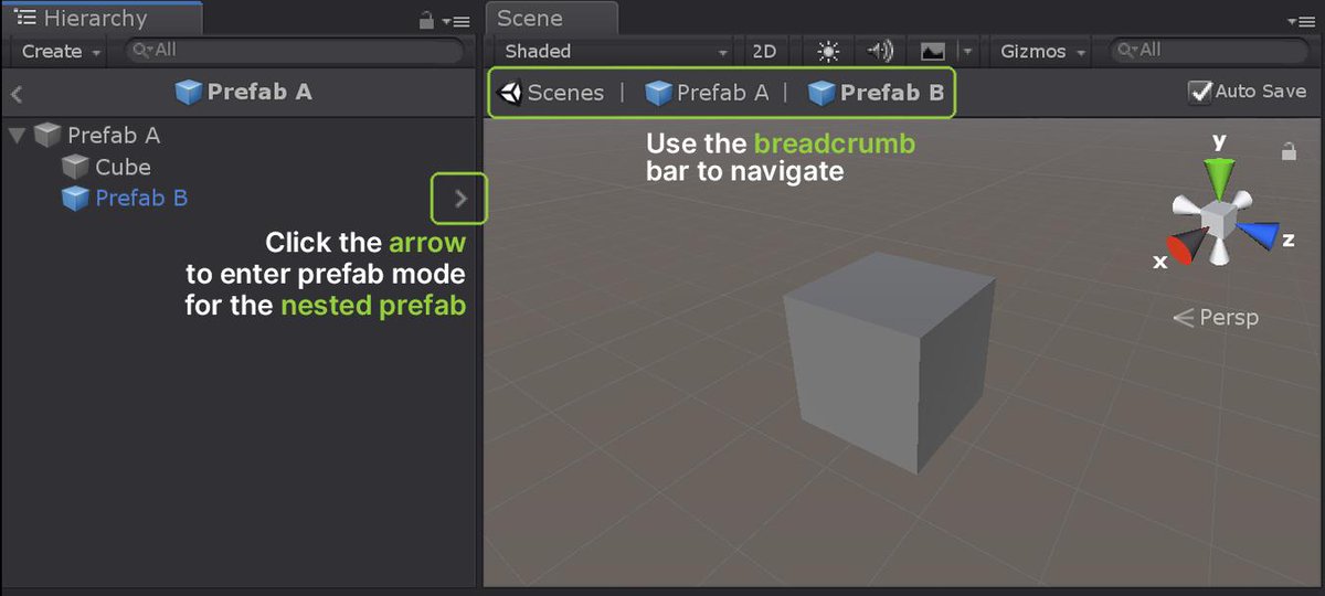 VDCafe's tweet image. Enter prefab mode to edit a nested prefab. Click the arrow in the hierarchy to enter prefab mode. Use the breadcrumb bar to navigate between the nested prefab, its parent prefab, and the scene. #UnityTips #Unity3d #NestedPrefabs #GameDev

Learn More: visualdesigncafe.com/guides/ultimat…