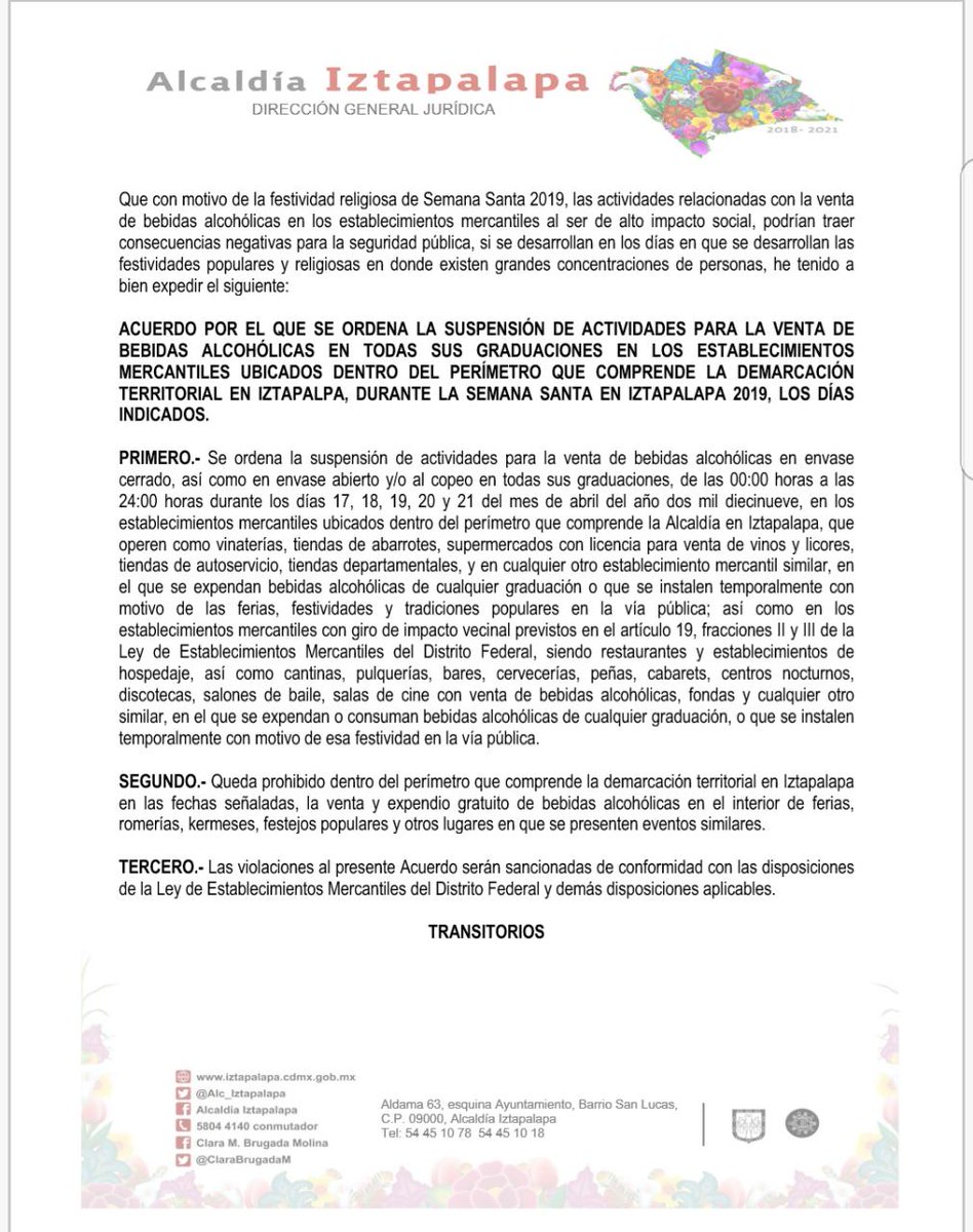 Alc_Iztapalapa's tweet image. Por Acuerdo del #GabineteDeSeguridad, la alcaldesa @ClaraBrugadaM informa que este lunes se determinó establecer #LeySeca durante las 24 hrs. de los días 17, 18, 19, 20 y 21 de abril, mediante la cual se prohíbe la venta de alcohol en todas sus graduaciones en #Iztapalapa.